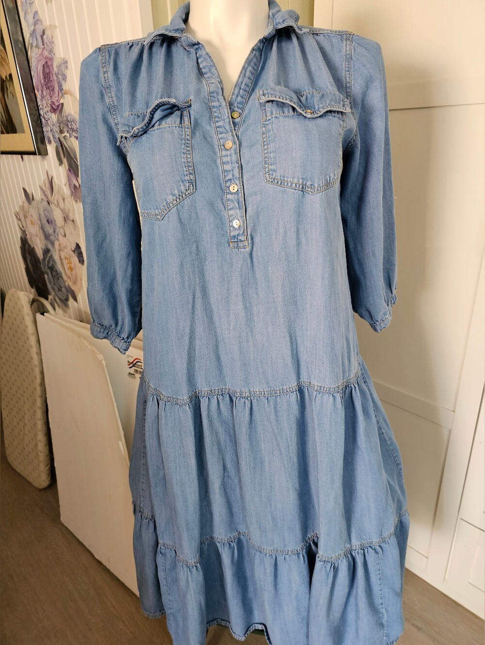 Nurture By Westbound Denim Tiered Midi Shirt Dress Chambray Lg Babydoll Boho 3/4